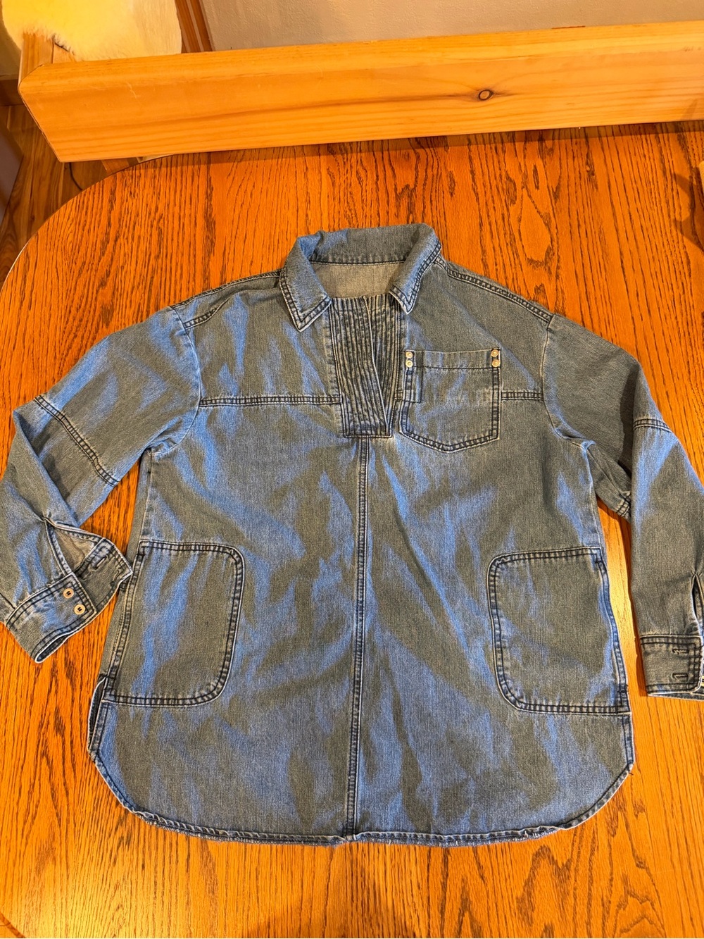 Women’s Heavy Blue Denim Pullover Shirt with pockets - medium